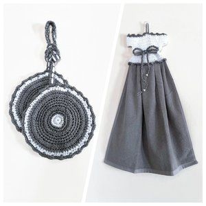 Crochet gift set, dress shape dish towel and pot holder